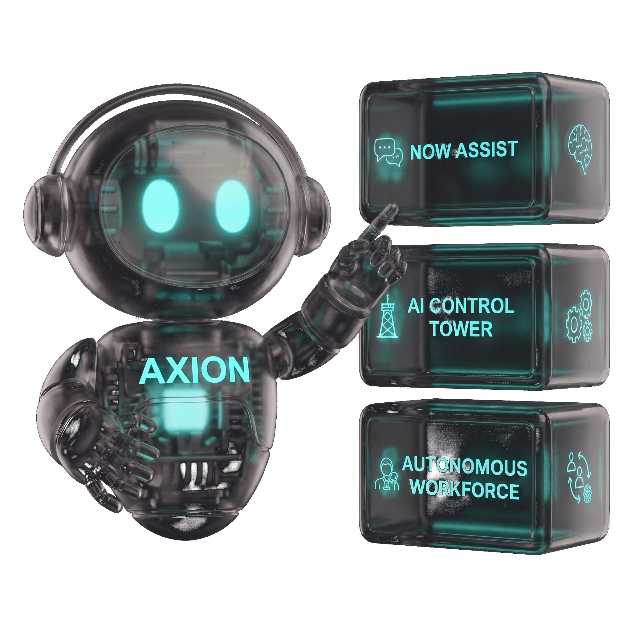 Axion, the site's assistant character, pointing at three panels: Now Assist, AI Control Tower, and Autonomous Workforce