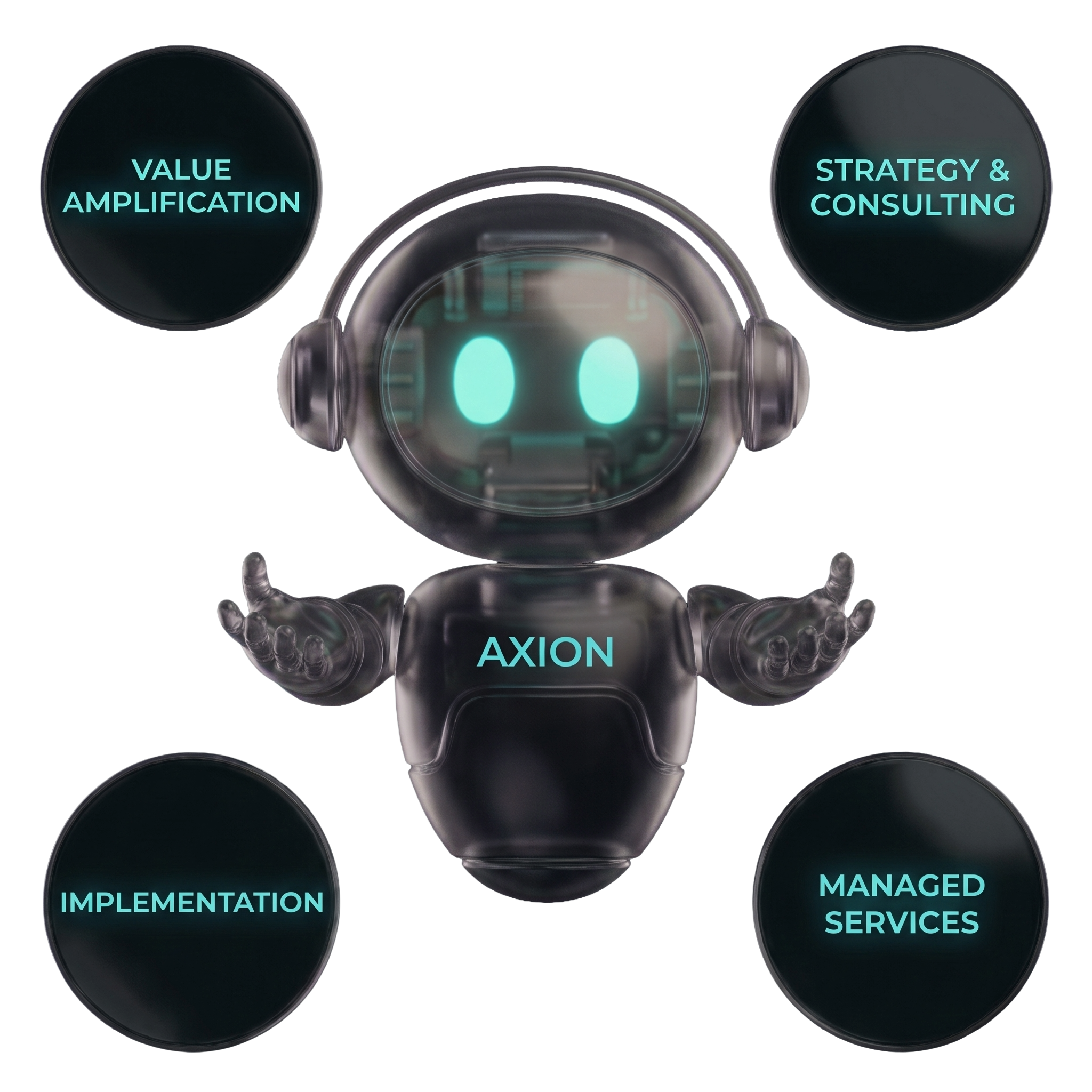 Axion, the site's assistant character, arms open around the four service lines: Value Amplification, Strategy & Consulting, Implementation, and Managed Services