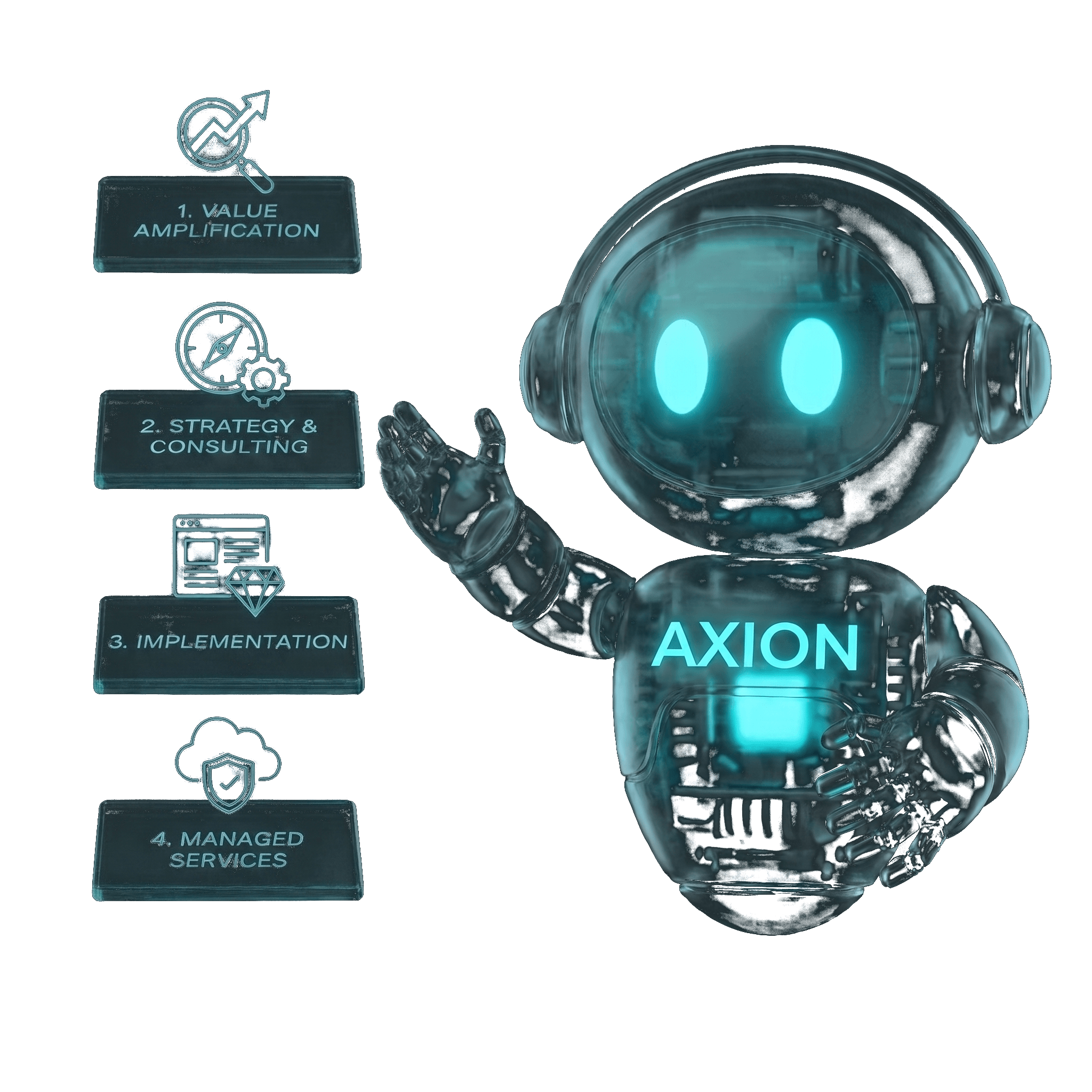 Axion, the site's assistant character, presenting the four service-line stages: Value Amplification, Strategy & Consulting, Implementation, and Managed Services